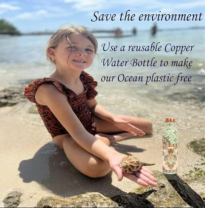 Pure Copper Water Bottle Handcrafted - Ayurveda health benefits - Large 35 oz - Leak proof, Easy to carry for Sports, Fitness, Yoga, School- Exemplary Royal Floral Patterns Sky Blue Enamel