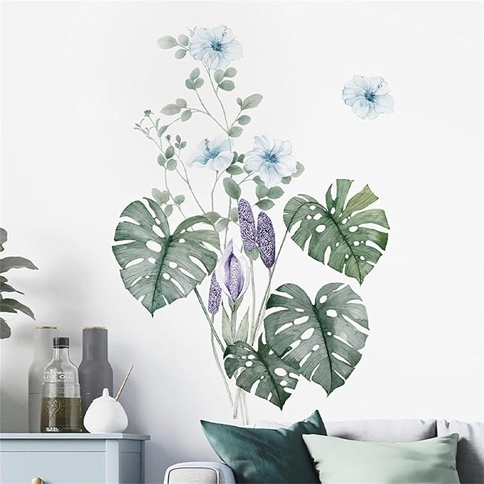 Tropical Leaf Green Leaves Wall Decals Monstera Deliciosa Liebm Palm Tree Leaf Plants Wall Stickers Bedroom Living Room TV Wall Door Decor Murals (Tropical Leaf Green 5)