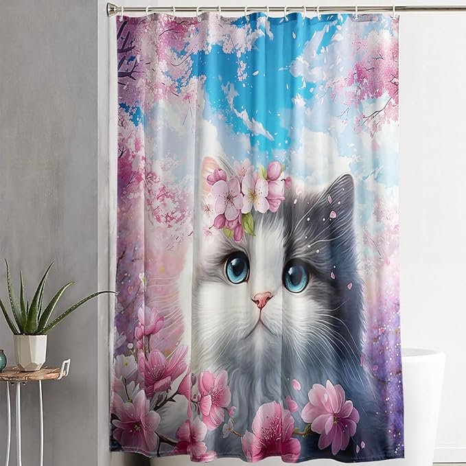 AILONEN Lovely Cat Shower Curtain Set, Pink Cherry Blossom Waterproof Fabric Shower Curtain for Kids Boys Girls,Fat Kitty Cloth Shower Curtain for Bathroom,72" W*72" H