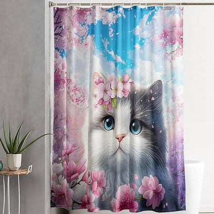 AILONEN Lovely Cat Shower Curtain Set, Pink Cherry Blossom Waterproof Fabric Shower Curtain for Kids Boys Girls,Fat Kitty Cloth Shower Curtain for Bathroom,72" W*84" H