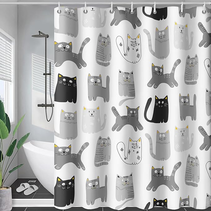 AILONEN Cat Shower Curtain 36" W*72" H Funny Cartoon Cat Grey Printed Bath Curtain Cat Theme Shower Curtain Minimalist Bathroom Curtain Decor Polyester Waterproof Curtain with 12 Hooks