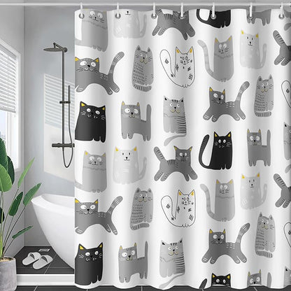 AILONEN Cat Shower Curtain 72" W*84" H Funny Cartoon Cat Grey Printed Bath Curtain Cat Theme Shower Curtain Minimalist Bathroom Curtain Decor Polyester Waterproof Curtain with 12 Hooks