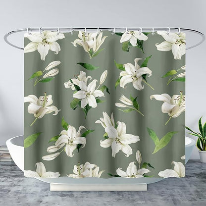 AILONEN Flower Shower Curtain, Vintage Garden Lilies Theme Waterproof Fabric Shower Curtain Set,Green Spring Flowers Bathroom Decor for Teen Girls Women,48" W*72" H