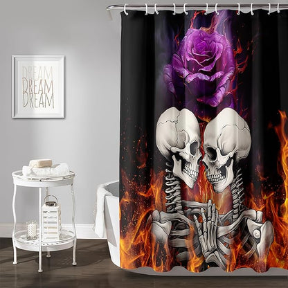 AILONEN Sugar Skull Shower Curtain,Fire Rose with Skeleton Design Shower Curtain Set with Hooks for Boys Girls Teens,Gothic Skull72 W*78" H