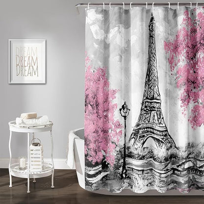 AILONEN Paris Tower Shower Curtain,Retro Gray Tower Waterproof Shower Curtain Set for Boys Kids Teens, 72" W*72" H Cherry Tree Eiffel Tower Pen Drawing Style Shower Curtains