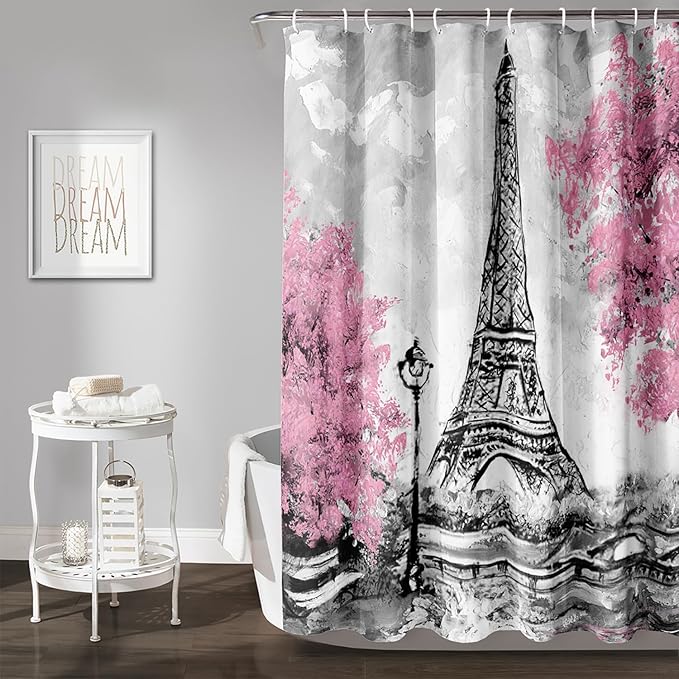 AILONEN Paris Tower Shower Curtain,Retro Gray Tower Waterproof Shower Curtain Set for Boys Kids Teens, 60" W*72" H Cherry Tree Eiffel Tower Pen Drawing Style Shower Curtains