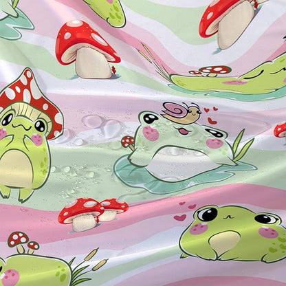 AILONEN Cute Frog Shower Curtain, Cartoon Mushroom Frog Printed Shower Curtain, 48" W*72" H Waterproof Green Wild Animals Kawaii Curtain with Grommets and 12 Hooks