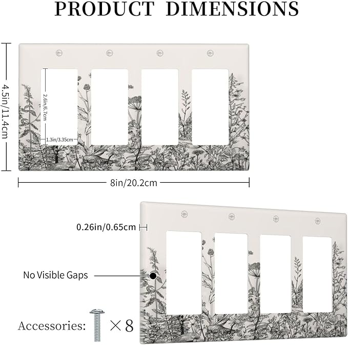 Vintage Grey Floral Herbs Wild Flowers Botanical 4 Gang Rocker Decora Boho Light Switch Cover Decorative Country Unique Outlet Covers Wall Plate Electrical Faceplate Switchplate GFCI
