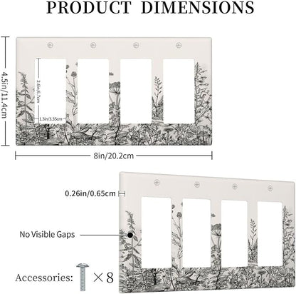 Vintage Grey Floral Herbs Wild Flowers Botanical 4 Gang Rocker Decora Boho Light Switch Cover Decorative Country Unique Outlet Covers Wall Plate Electrical Faceplate Switchplate GFCI