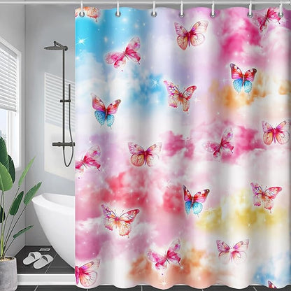 AILONEN Butterflies Shower Curtain Set, Colourful Butterfly Washable Fabric Shower Curtain for Girls,Shining Stars Waterproof Shower Curtain for Pink Lover,72" W*96" H