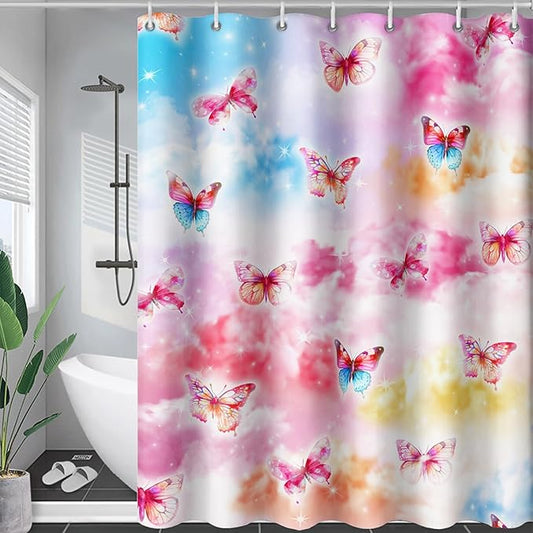 AILONEN Butterflies Shower Curtain Set, Colourful Butterfly Washable Fabric Shower Curtain for Girls,Shining Stars Waterproof Shower Curtain for Pink Lover,72" W*96" H