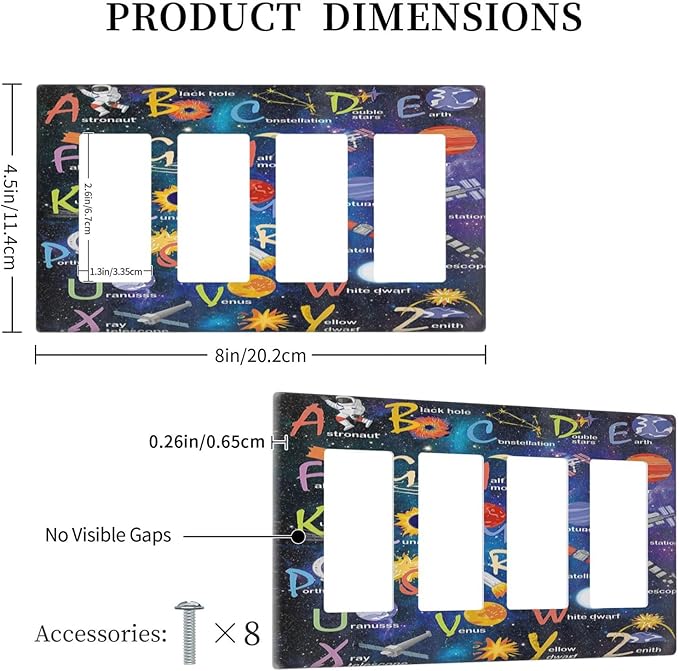 ABC Outer Space 4 Gang Rocker Decora Light Switch Cover Alphabet Galaxy Decorative Outlet Covers Wall Plate Electrical Faceplate Switchplate GFCI for Kidroom Nursery Boyroom Living Room Decor