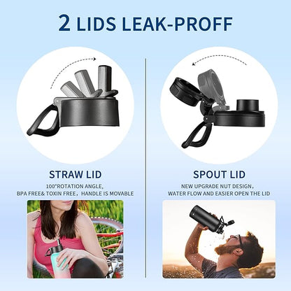 40 oz insulated Water Bottle with Paracord Handles & Strap, 2 Lids(Straw Lid&Spout Lid), Stainless Steel Reusable Wide Mouth Metal Water Bottle With Straw, Double Walled(Black)