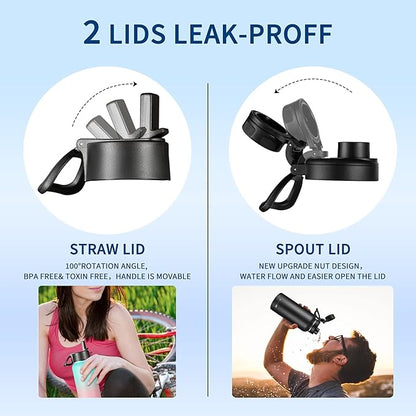 32 oz Insulated Water Bottle with Paracord Handles & Strap, 2 Lids(Straw Lid&Spout Lid), Stainless Steel Reusable Wide Mouth Metal Water Bottle With Straw, Double Walled(Black)