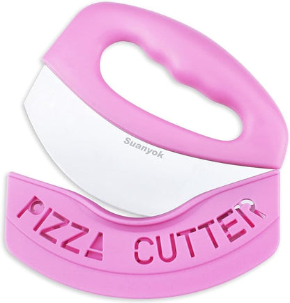 Premium Pizza Cutter Food Chopper-Super Sharp Blade Stainless Steel Pizza Cutter Rocker Slicer with Protective Sheath Multi Function Pizza Knife Kitchen Tools,Dishwasher Safe (Pink)