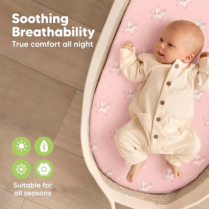 2-Pack Organic Bassinet Sheets for Girls, Boys - 100% Cotton Bassinet Mattress Sheets Compatible with Halo Bassinest Swivel Sleeper, Graco,Baby Delight,Chicco,Unisex Fitted Bassinet Sheets (Dreamland)