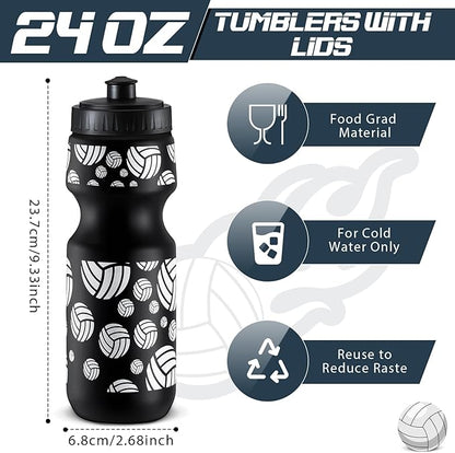 24 Pcs 24 oz Volleyball Water Bottle Bulk and Drawstring Bag Set 12 Reusable Plastic Biking Water Bottle Tumbler 12 Sport Gym Goodie Gift Bag for Party Favor (Black)