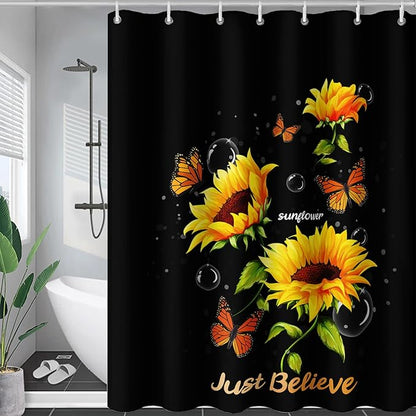 AILONEN Sunflower Shower Curtain for Bathroom,Butterfly Sunflower Bath Curtain Waterproof,Garden Yellow Flower Decor Bathroom Black Curtain with 12 Plastic Hooks, 72" W x 72" H