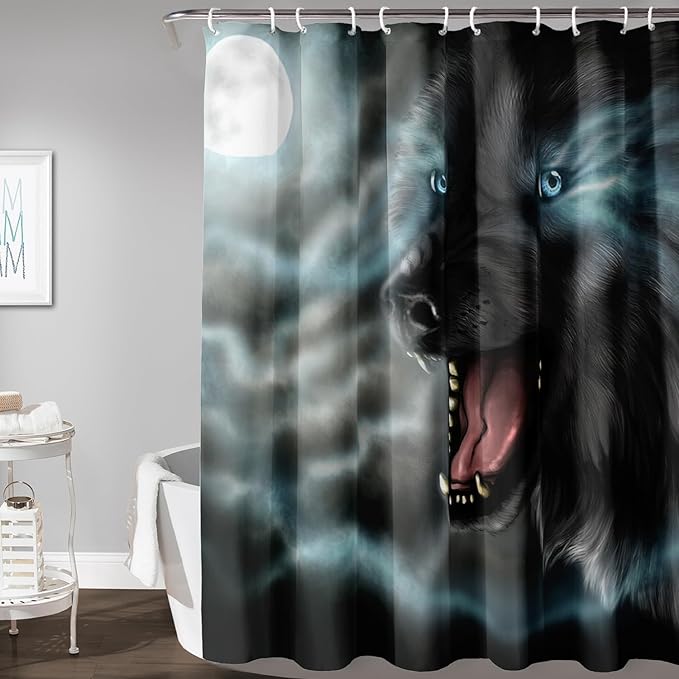 AILONEN Howling Wolf Shower Curtain,Cloud Moon Wolf Bath Curtain,Wildlife Wolf Polyester Waterproof for Bathroom,48" W*72" H with 12 Plastic Hooks