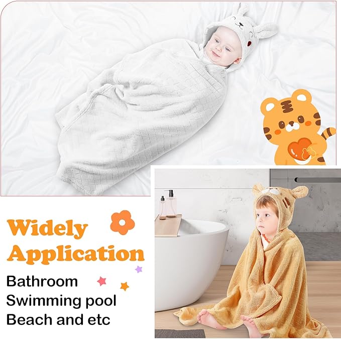 2 Pcs Toddler Hooded Bath Towel 50" x 32'' Thick Animal Hooded Towel for Kid Absorbent Baby Bath Towel Bathrobe Blanket for Boy Girls 0-5 Years(Yellow, White,Tiger, Rabbit)
