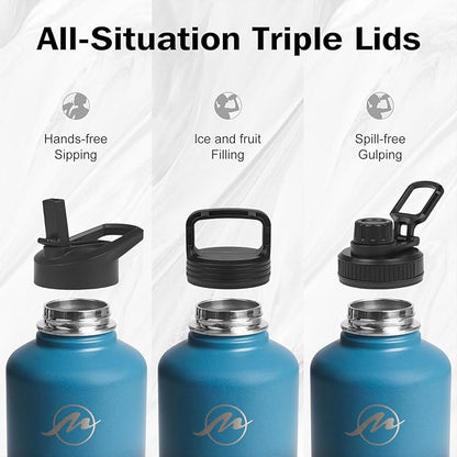 Insulated Water Bottle 64 oz with Straw Lid (3 Lids), Half Gallon Jug Flask, Large Metal Stainless Steel Bottle, 64 oz Double Wall Vacuum Sports Thermo Mug, Cold 48H Hot 24H (Indigo Black)