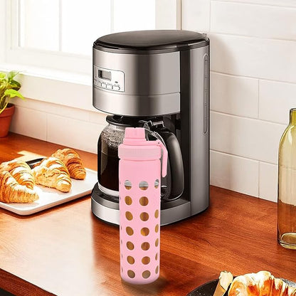 Modern-Depo 20oz Clear Glass Water Bottles Extra Lid Odor Proof and Stain Resistant Wide Mouth Reusable Fitness Sports Bottle with Sleeve, Motivational Water Jug, Pink