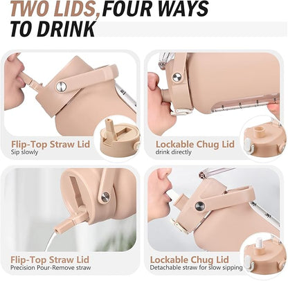 64 oz Glass Water Bottle with Straw and 2 Lids, Half Gallon Water Bottle with Sleeve, Large Insulated 2 Liter Glass Water Jug Time Marker with Handle - Light Amber