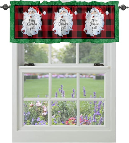 Merry Christmas Y'all Kitchen Curtains Valances for Windows XMAS Santa Claus Rod Pocket Window Treatment for Kitchen/Living Room/Bedroom/Bathroom,60" X 18" -1 Panel, Red Buffalo Plaid