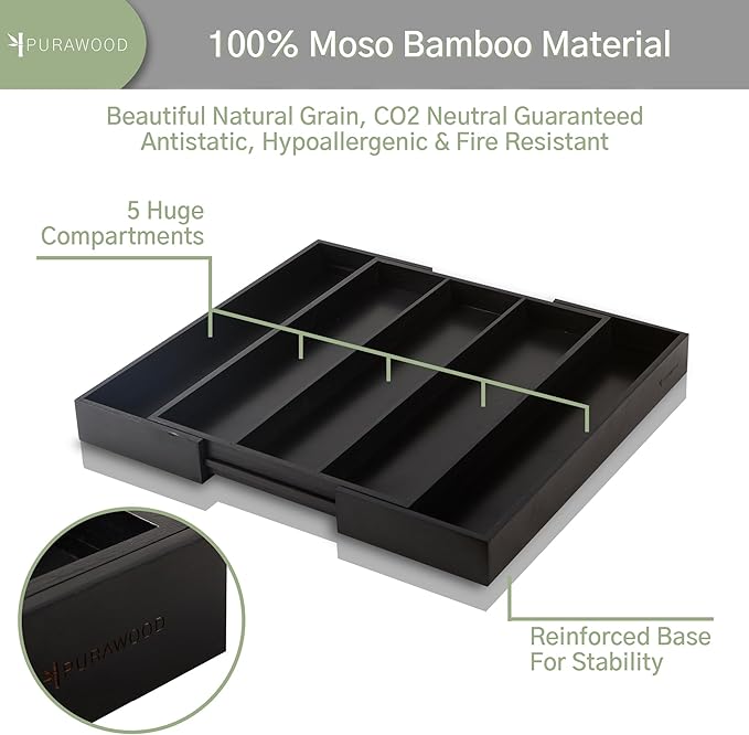 Purawood - Large Premium Bamboo Silverware Organizer - Expandable Kitchen Drawer & Utensil Organizer, 17.5" x 19.75" Cutlery Tray with Drawer Dividers for Kitchen Flatware (3-5 Slots) (Black)