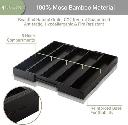 Purawood - Large Premium Bamboo Silverware Organizer - Expandable Kitchen Drawer & Utensil Organizer, 17.5" x 19.75" Cutlery Tray with Drawer Dividers for Kitchen Flatware (3-5 Slots) (Black)