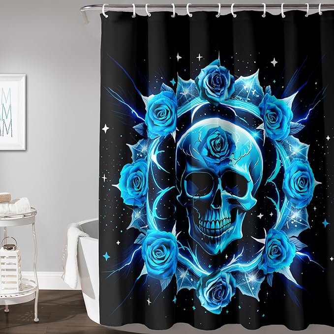 AILONEN Sugar Skull Shower Curtain for Bathroom,Blue Rose Flower Bath Curtain,Romantic Floral Skeleton Decor Bathroom Waterproof Curtain with 12 Plastic Hooks, 72" W*72" H
