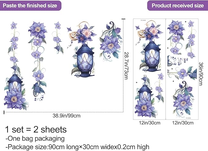 Hanging Flower Vine Wall Stickers Floral Lamp Wall Decals DIY Removable Peel and Stick Flower Vine Mural Art Decor for Living Room Bedroom TV Background Spring Party Decoration (Blue)