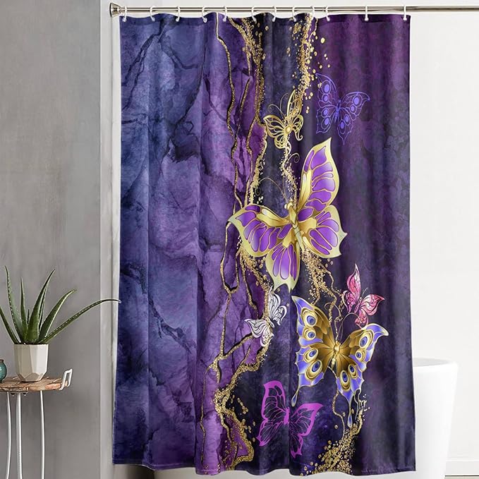AILONEN Beautiful Butterfly Shower Curtain Bathroom 36" W*72" H Purple Butterfly Curtain Cloth Fabric Bathroom for Girls Kids,Marble Theme Shower Curtain Set