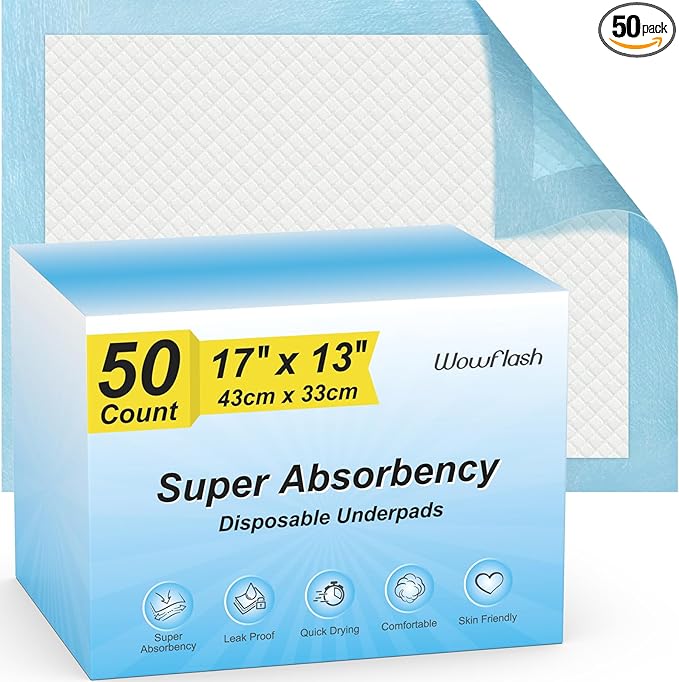 50 Count Super Absorbency Disposable Underpads, Leakproof Quick Drying Disposable Pads for Baby, Puppy and Adults, Disposable Changing Pads for Baby, Disposable Diaper Changing Pads, 17” x 13”