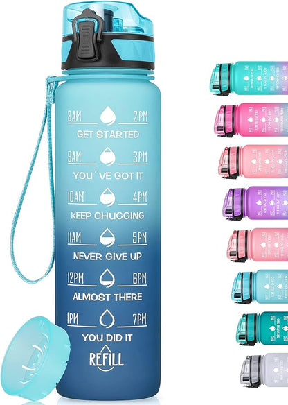 32oz/26oz Motivational Water Bottle with Time Marker & Fruit Strainer, Leak-proof BPA Free Non-Toxic 1l Bottle with Carrying Strap, Perfect for Fitness, Gym and Outdoor Sports, Plastic