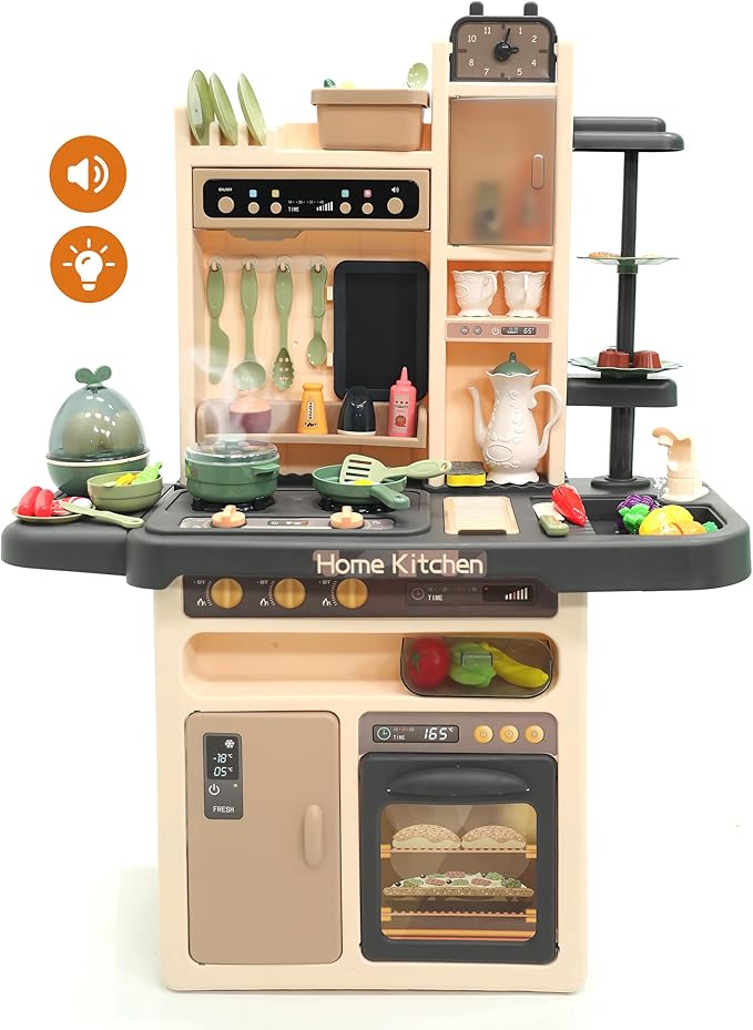 Kids' Play Kitchen Set, 27.95 x 11.22 x 36.81 Inch, 65-Piece Toy Kitchen Playset with Functional Faucet, Realistic Steam Effects, Lights and Sounds, and Other Kitchen Accessories (Dark Gray)