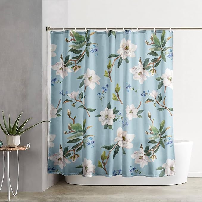 AILONEN Flower Shower Curtain, White Gardenia on Blue Background Fabric Shower Curtains for Bathroom,Elegant Floral Pattern Shower Curtain Set for Girls Women Couple,72" W*78" H