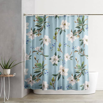 AILONEN Flower Shower Curtain, White Gardenia on Blue Background Fabric Shower Curtains for Bathroom,Elegant Floral Pattern Shower Curtain Set for Girls Women Couple,48" W*72" H