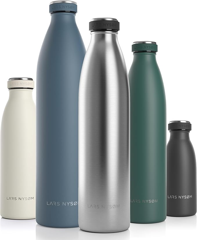 LARS NYSØM Stainless Steel Insulated Water Bottle 12oz 17oz 25oz 34oz 51oz | BPA-free Insulated Thermo Flask for Hot and Cold Beverages | Leakproof Drinking Bottle (Stainless Steel, 34oz)