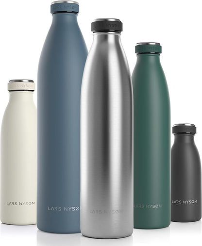 LARS NYSØM Stainless Steel Insulated Water Bottle 12oz 17oz 25oz 34oz 51oz | BPA-free Insulated Thermo Flask for Hot and Cold Beverages | Leakproof Drinking Bottle (Stainless Steel, 34oz)