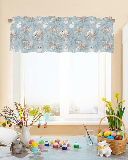 Easter Decor Valances Kitchen Curtains for Windows, Easter Bunny Rabbits Vintage Flowers Spring Holiday Rod Pocket Valances Blue Short Curtains for Bedroom/Living Room,54" X 18" -1 Panel