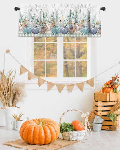 Fall Thanksgiving Kitchen Curtains Valances for Windows Navy Blue Pumpkins Green Eucalyptus Leaves Rod Pocket Window Treatment for Kitchen /Living Room/Bedroom/ Bathroom 54" X 18",Sage Farmhouse Plaid