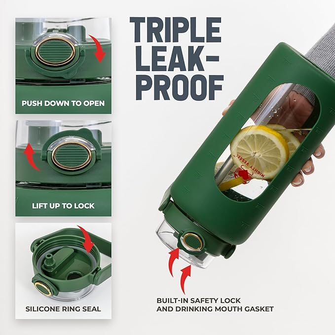 64oz Glass Water Bottle | Green Water Bottle with Straw & Time Marker | Half Gallon Water Bottle with Measurements & Silicone Sleeve | Suitable for Travel, Gym, Sports & Daily Intake