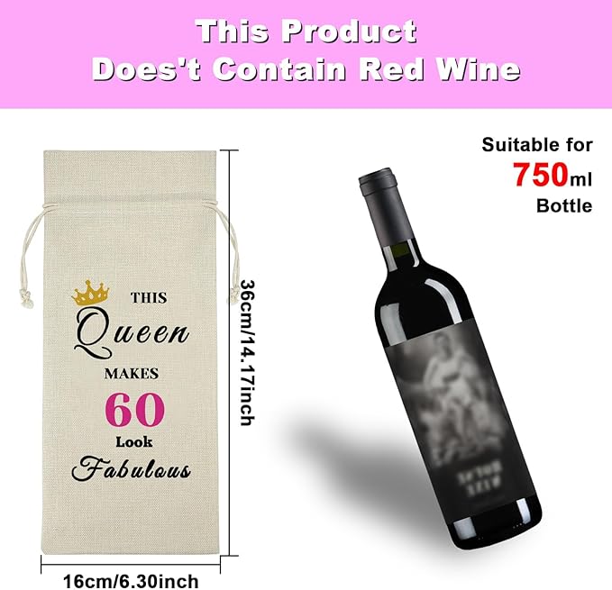 60th Birthday Gift 60 Year Old Birthday Gift for Women Drawstring Wine Bag Turning Sixty Year Old Birthday Gift 60th Milestone Christmas New Year Gift Reusable Wine Wrap Bag for Grandma Mom