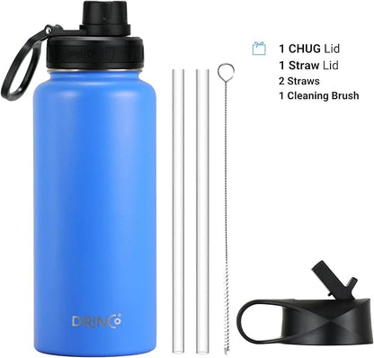 DRINCO Stainless Steel Water Bottle Spout Lid Vacuum Insulated Double Wall Water Bottle Wide Mouth Leak Proof Keep Cold Sport Camping (USA Flag) (32oz Royal Blue USA Flag, 32oz)
