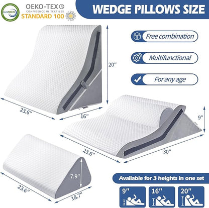 4Pcs Orthopedic Bed Wedge Pillow Set with 4Pcs Replacement Pillowcase, Incline Wedge Pillow for Back Pain Relief/Sleeping/Snoring/Post Surgery/Leg Elevation 20-in-1 Adjustable Memory Foam Wedge Pillow