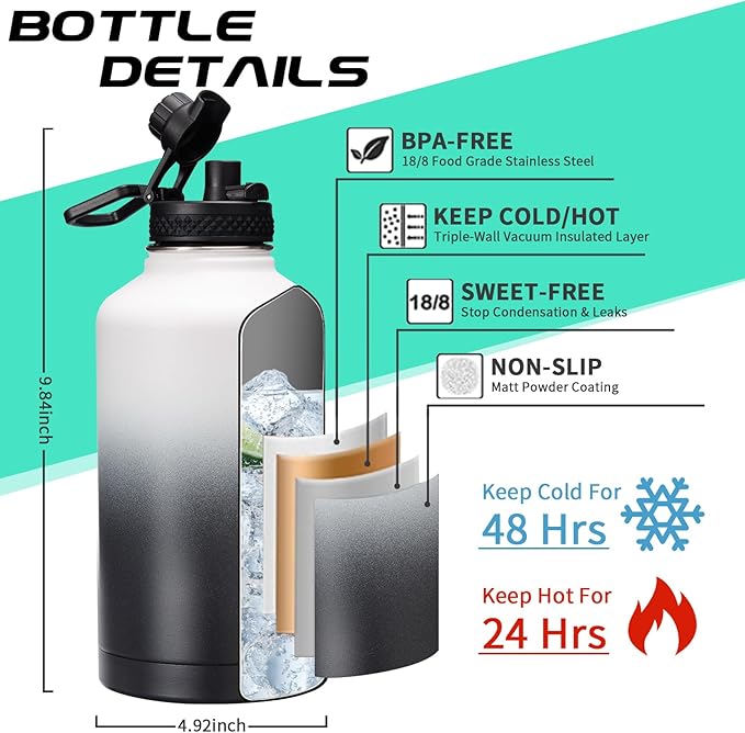 64OZ Stainless Steel Water Bottle with Paracord Handle, Straw/Spout Lid, Half Gallon Vacuum Insulated Water Flask Jug, Leak-proof Large Sports Jug for Outdoor Hiking Biking Travel Camping