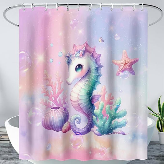AILONEN Cute Seahorse Shower Curtain for Kids Girls,Rainbow Seahorse Bath Curtain,Ocean Coral Starfish Kawaii Shower Curtain Waterproof for Bathroom Decor with 12 Plastic Hooks, 72" W*96" H
