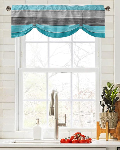 Farmhouse Blackout Tie Up Valance Curtains for Kitchen Windows, Aqua Blue Gray Window Toppers Balloon Shades for Living Room/Bathroom/Bedroom,1 Panel,60" X 18" Retro Rustic Barn Wood Texture