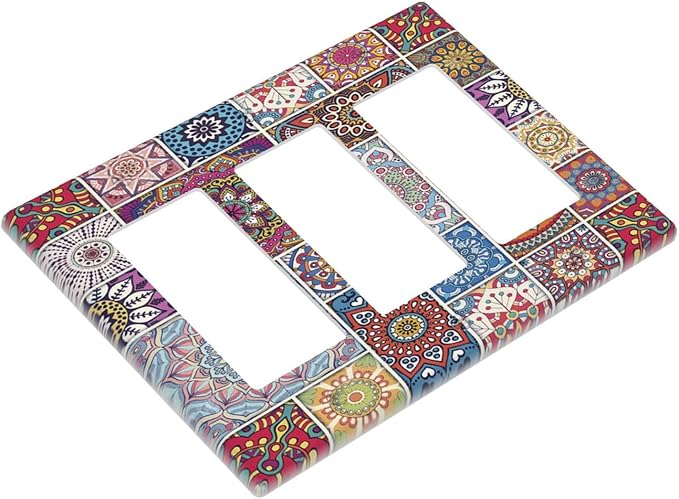 Morocco Talavera Mexican Tiles Printed Colroful Mandala 3 Gang Rocker Light Switch Covers Triple Outlet Wall Plate Decorative Switchplate Cover Faceplate GFCI for Kitchen Bathroom Bedroom Decor